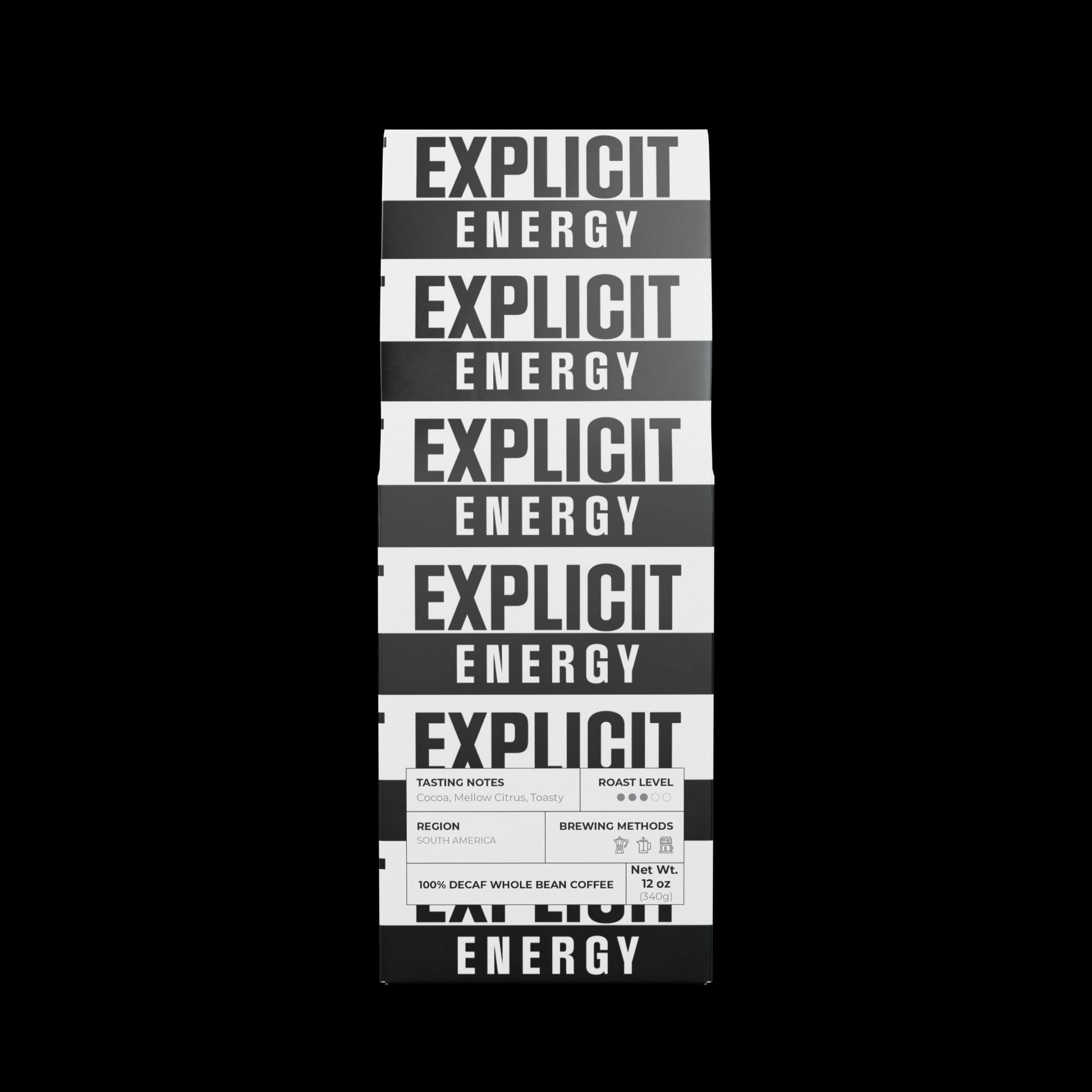 Explicit Energy Coffee Blend: Decaf, Medium Roast, Smooth & Mellow (12oz / 340g)