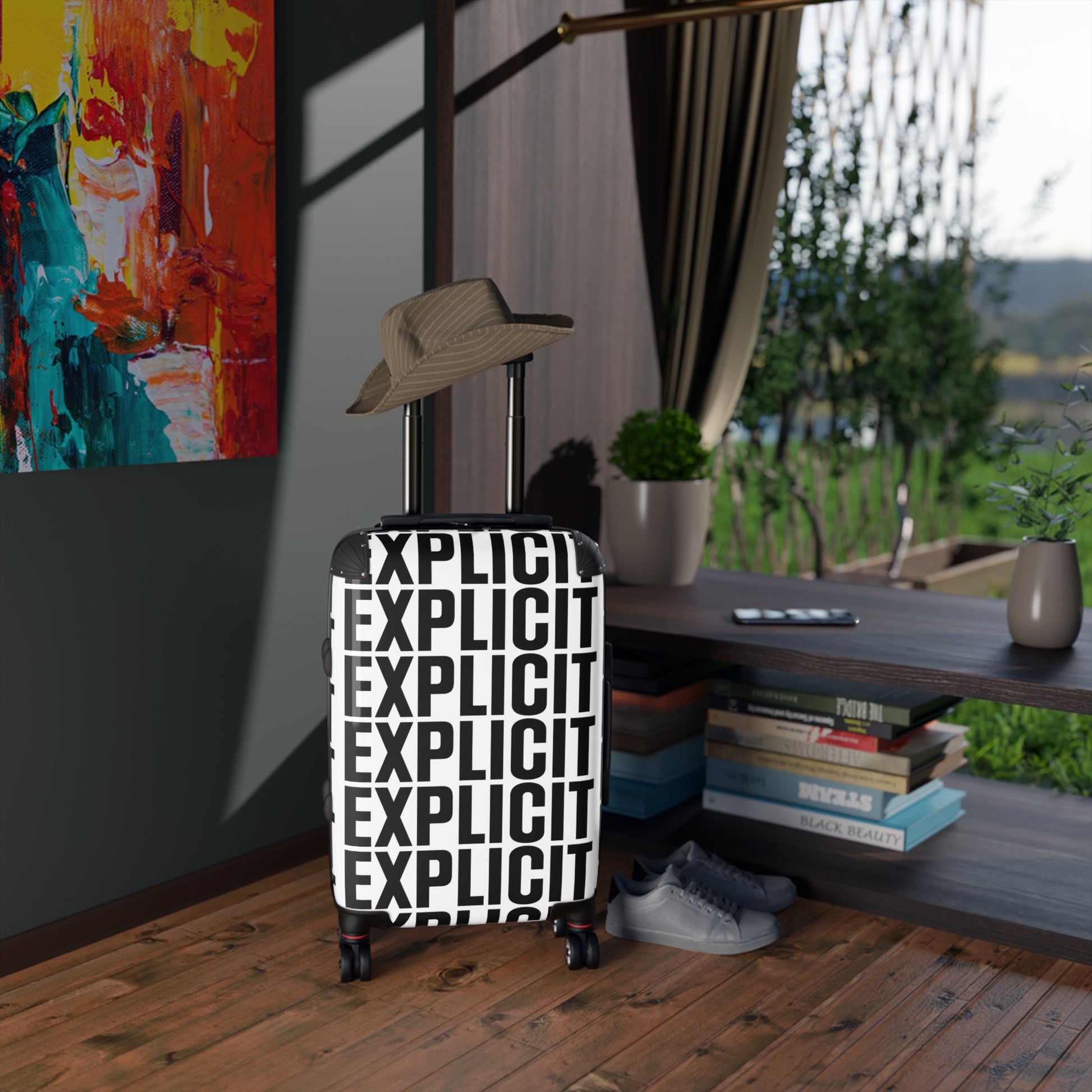 Explicit Suitcase: Vibrant Travel Luggage with "Explicit" Print & Lock